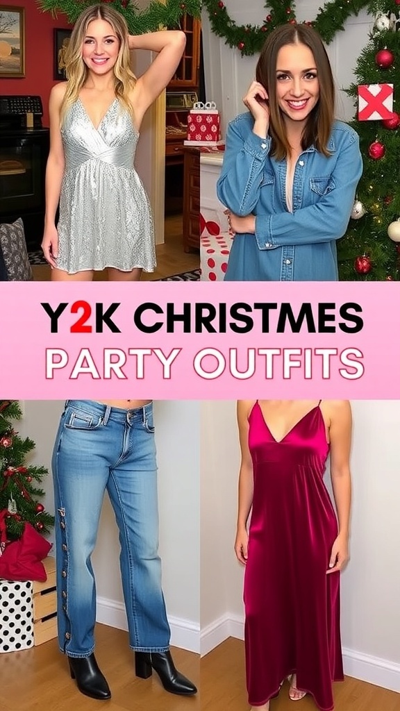 A collection of Y2K Christmas party outfits including a mini dress, denim jeans, and a velvet dress, surrounded by holiday decorations.